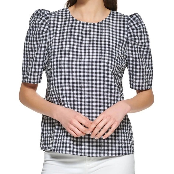 Calvin Klein Black And White Gingham Short Sleeve Puff Shoulder Top Nwt Size M